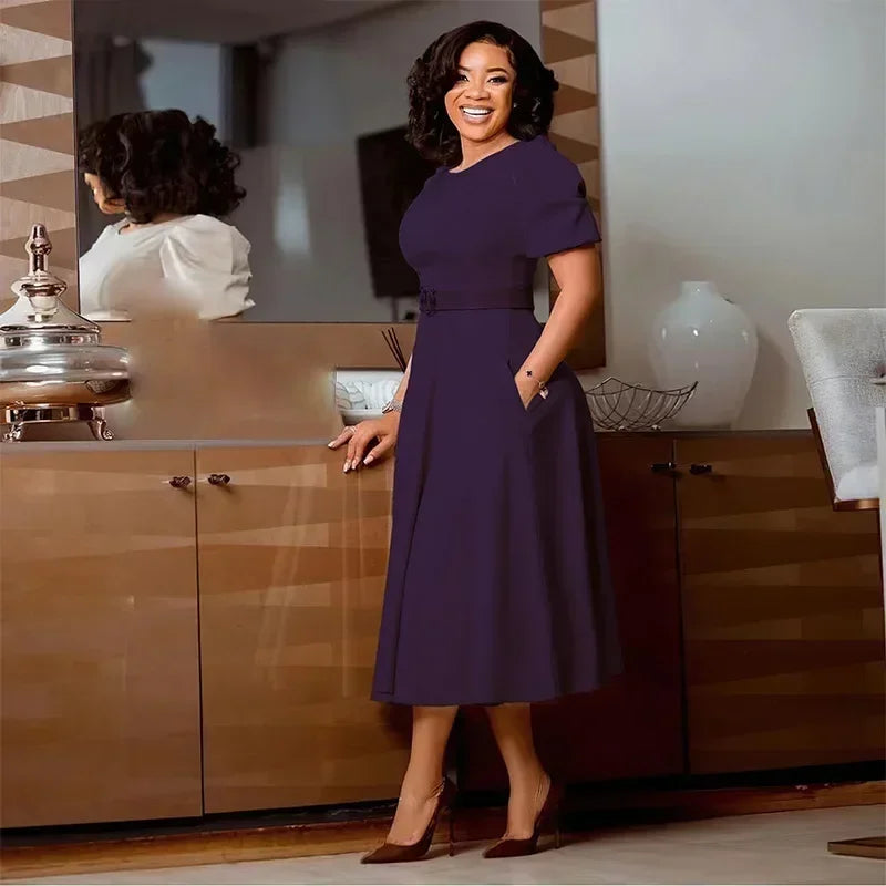 Women's puff sleeve A-line office dress with belt from SHOWLU FASHION STORE, featuring a stylish and professional look.