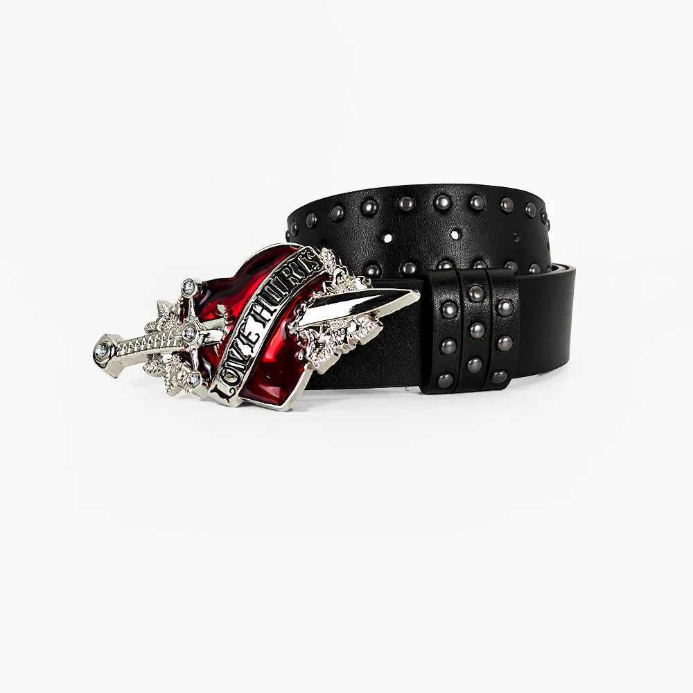 Unisex Gothic red heart Y2K fashion belt with rivets, black leather, metal sword and heart accents, stylish accessory for men and women.