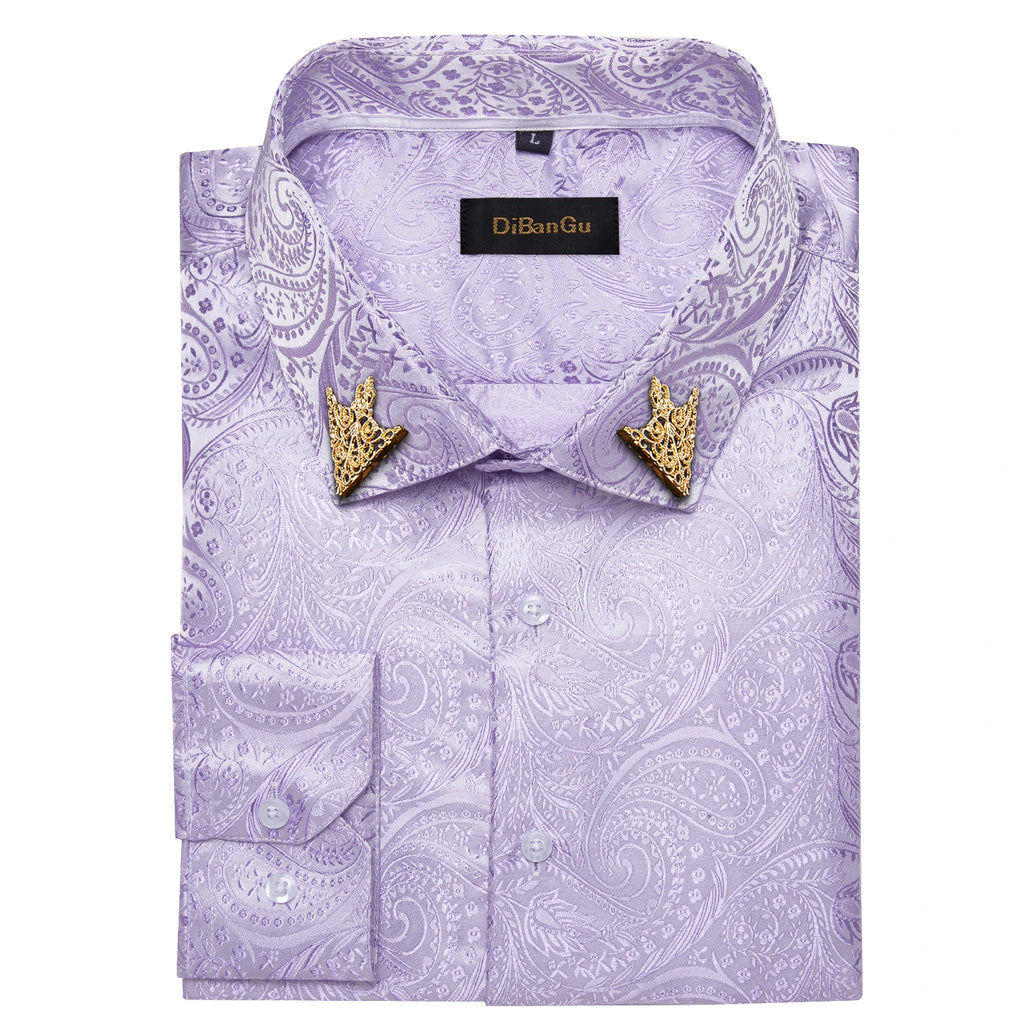 Men's patterned brocade shirt with gold crown collar accents, ideal for luxury galas and formal weddings, by Showlu Fashion.