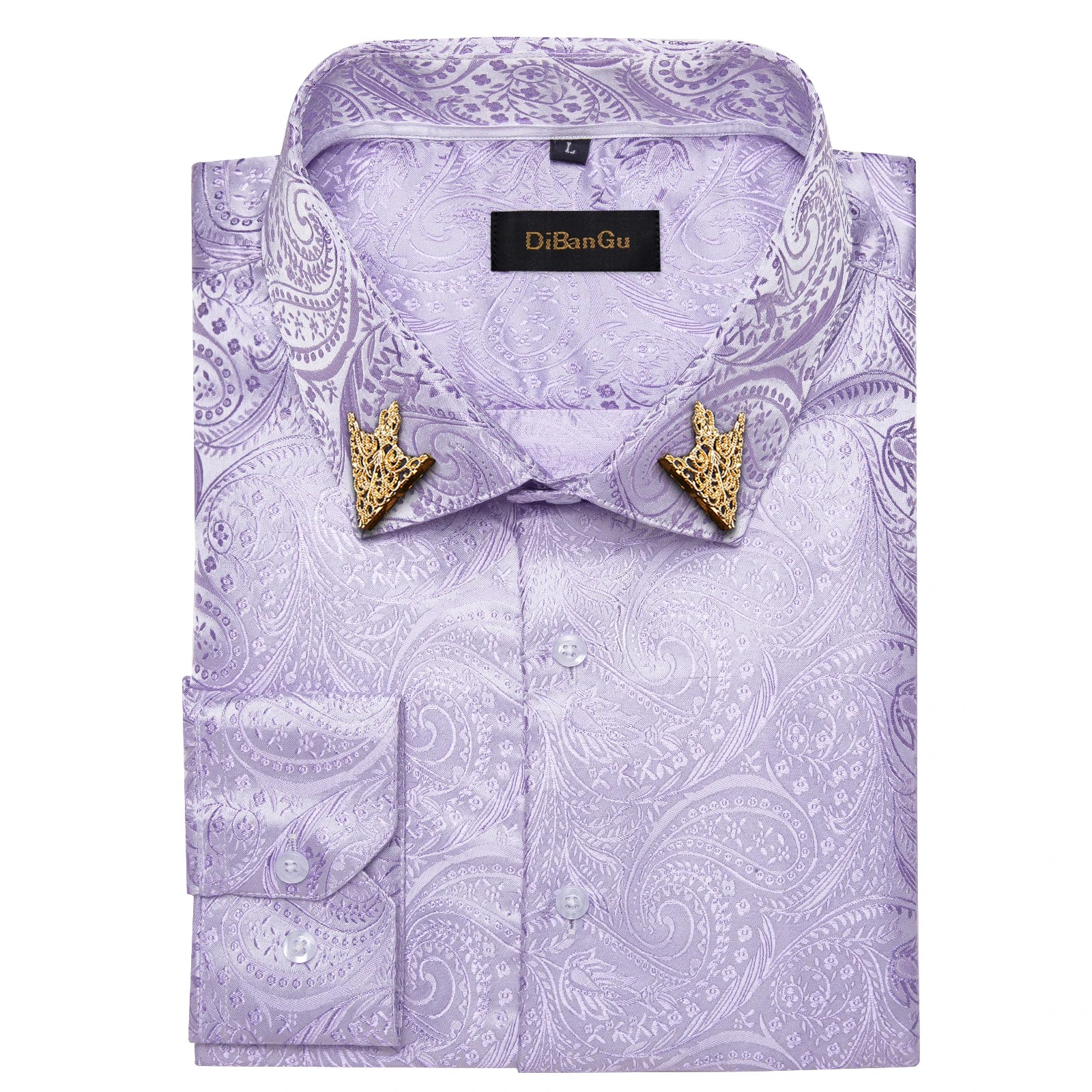 Men's patterned brocade shirt with gold crown collar accents, ideal for luxury galas and formal weddings, by Showlu Fashion.