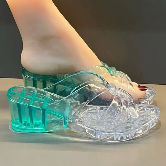 Women's Sandals High Heel Sandals Summer  Jelly Shoes Flat Slippers Home Flip-Flops Outdoor Retro Sandals Transparent Slippers