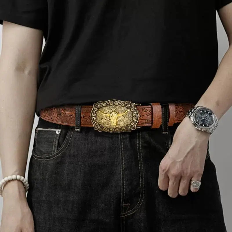 Western cowboy PU leather belt with vintage printed buckle, ideal for jeans, from Showlu Fashion Store