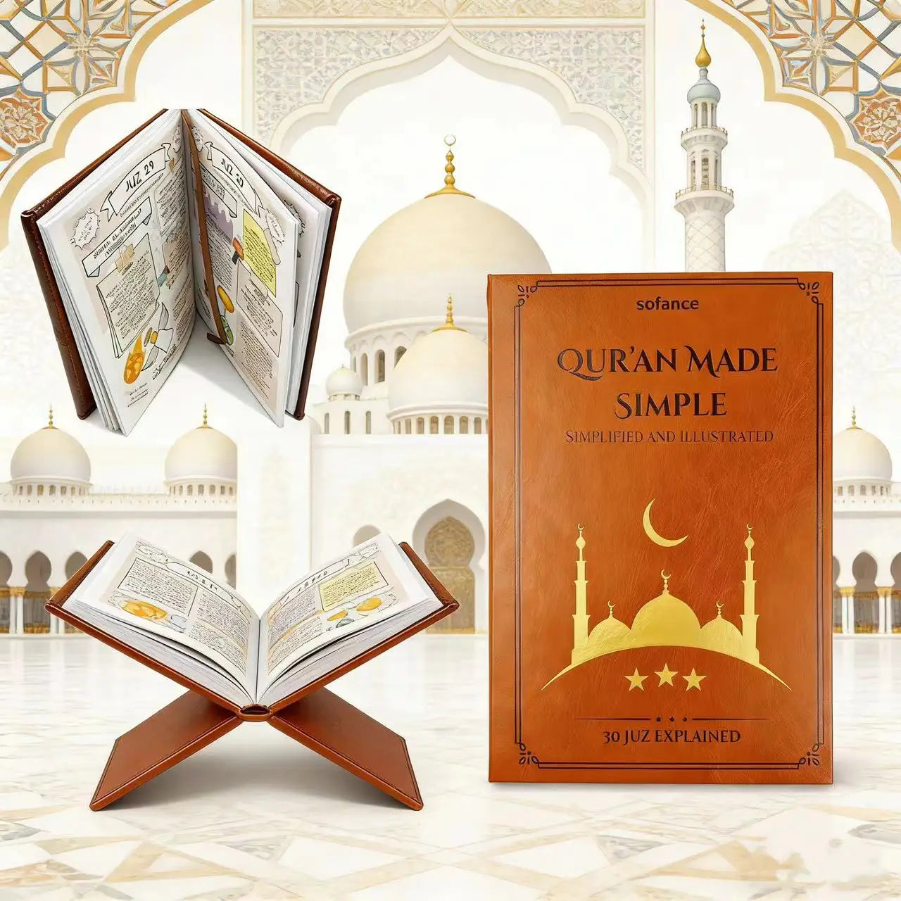 Showlu Quran Prayer Notebook with 30 Juz, illustrated Bible study journal, featuring religious symbols and prayer pages.