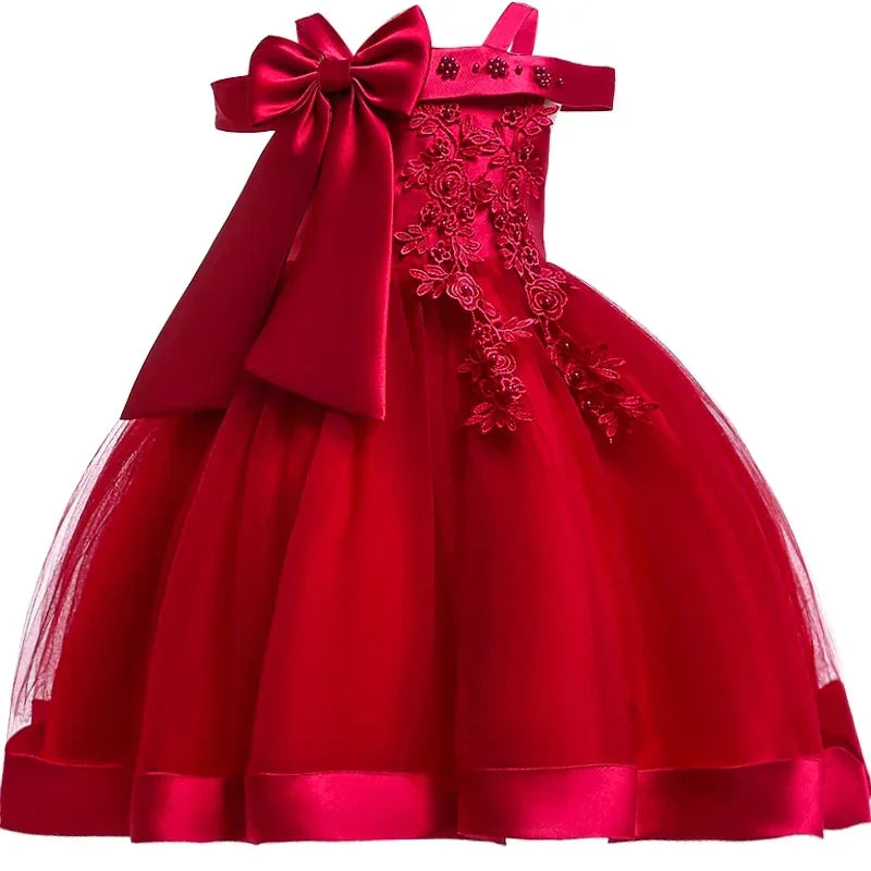 Girls' Christmas party dress with floral appliques, bow detail, elegant design, suitable for wedding, birthday, or prom occasions.