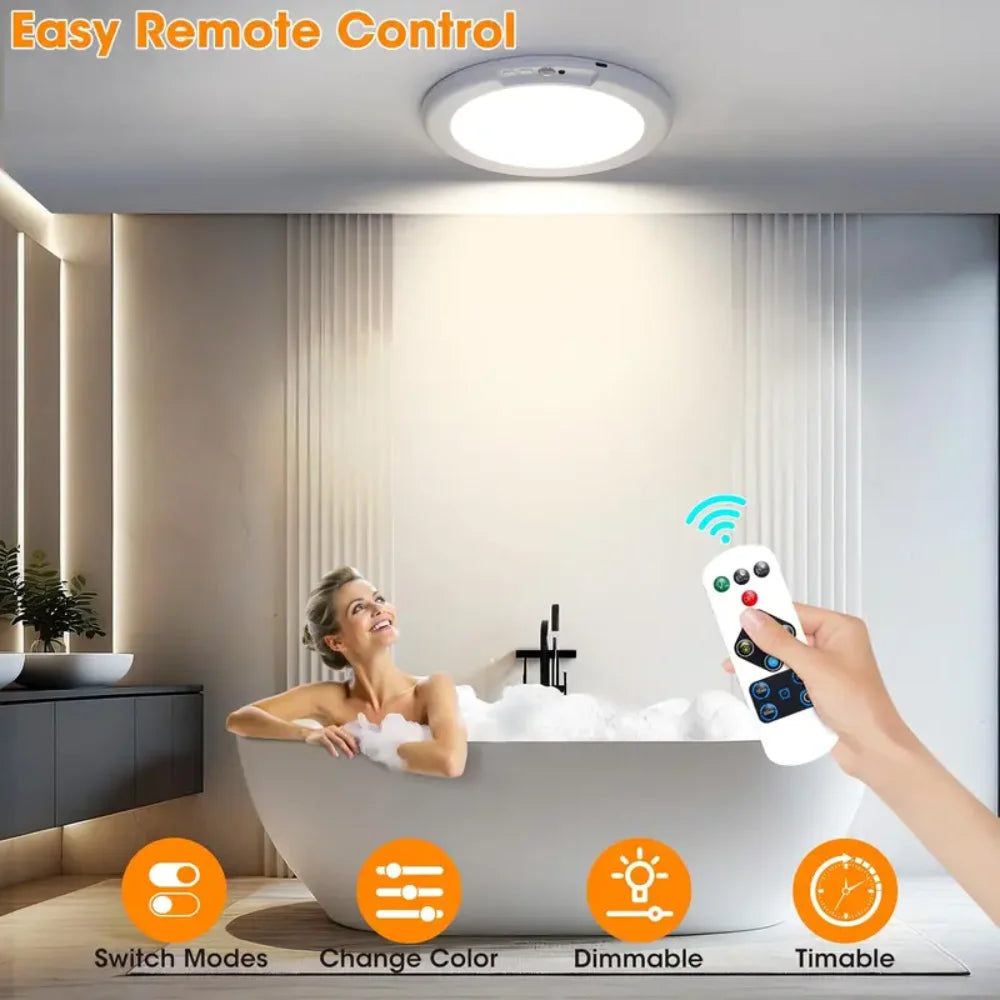 Wireless rechargeable Miflame Motion Sensor Ceiling Light with remote control, shown installed on a ceiling in a modern room.