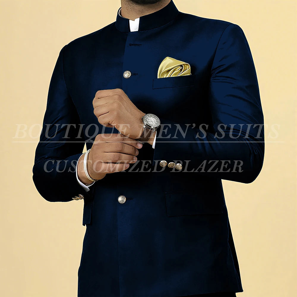 Elegant men's slim fit wedding suit with single-breasted blazer and matching pants, featuring stand lapel and tailored fit.