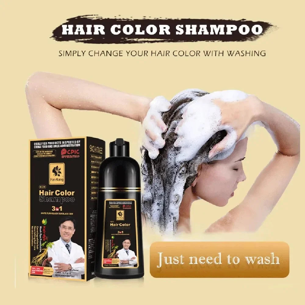 Black hair dye shampoo for gray hair, Showlu Fashion 3-in-1 herbal nourishing hair color shampoo for women and men.