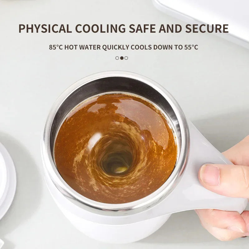 Stainless steel Showlu Automatic Self-Stirring Coffee Mug with built-in mixer and sleek design for convenient beverage stirring.