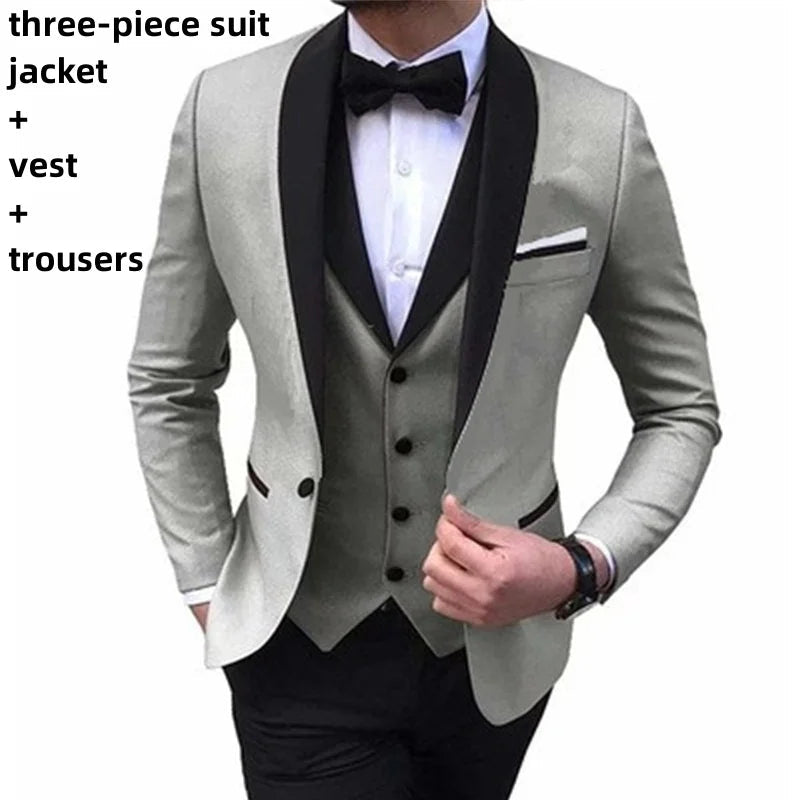 Mens Suits 3 Piece Black Shawl Lapel Casual Tuxedos for Wedding Groomsmen Suits Men 2023(Blazer+Vest+Pant) 2 Piece(Blazer+Pant) SHOWLU FASHION STORE