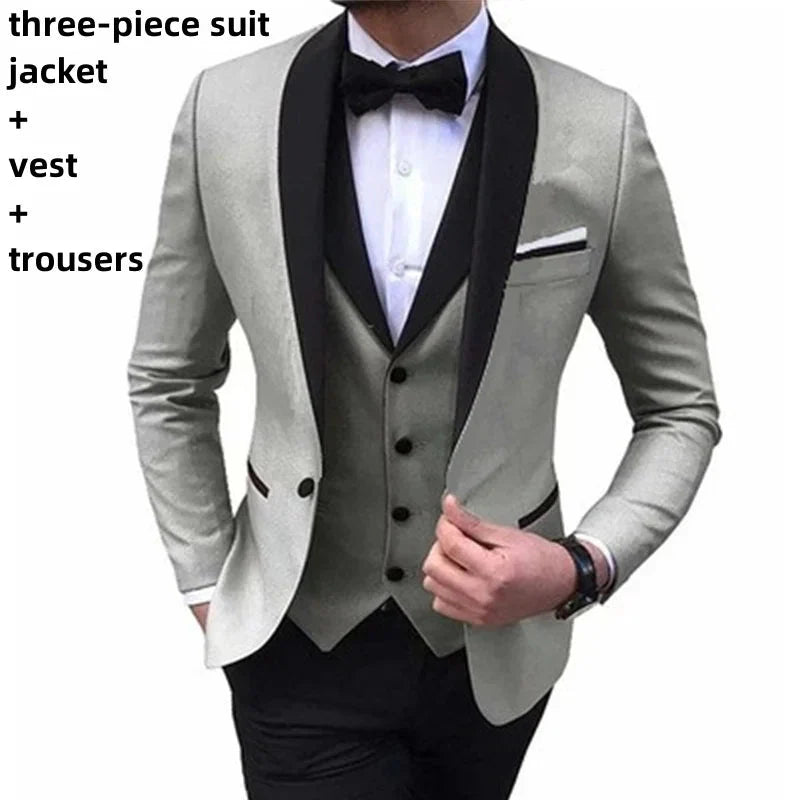 Black men's 3-piece slim fit tuxedo suit with shawl lapel, perfect for weddings, by SHOWLU FASHION STORE.