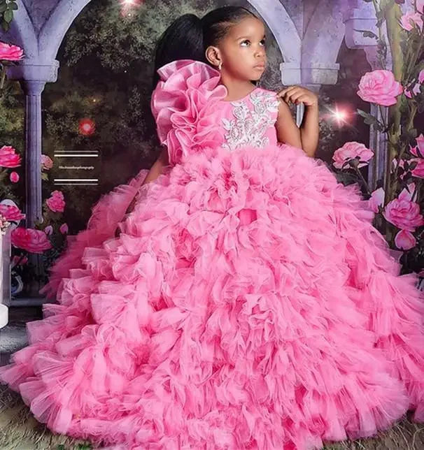 Flower Girls Dress For Wedding Luxury Purple Tulle Puffy Applique Organza Pageant for Little Girl Princess First Communion Dress