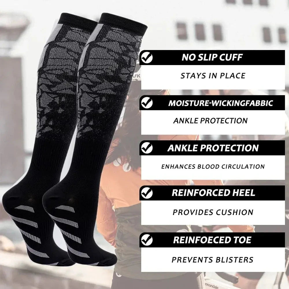 Showlu knee-high compression sports socks with nylon calf support, ideal for running and athletic activities.