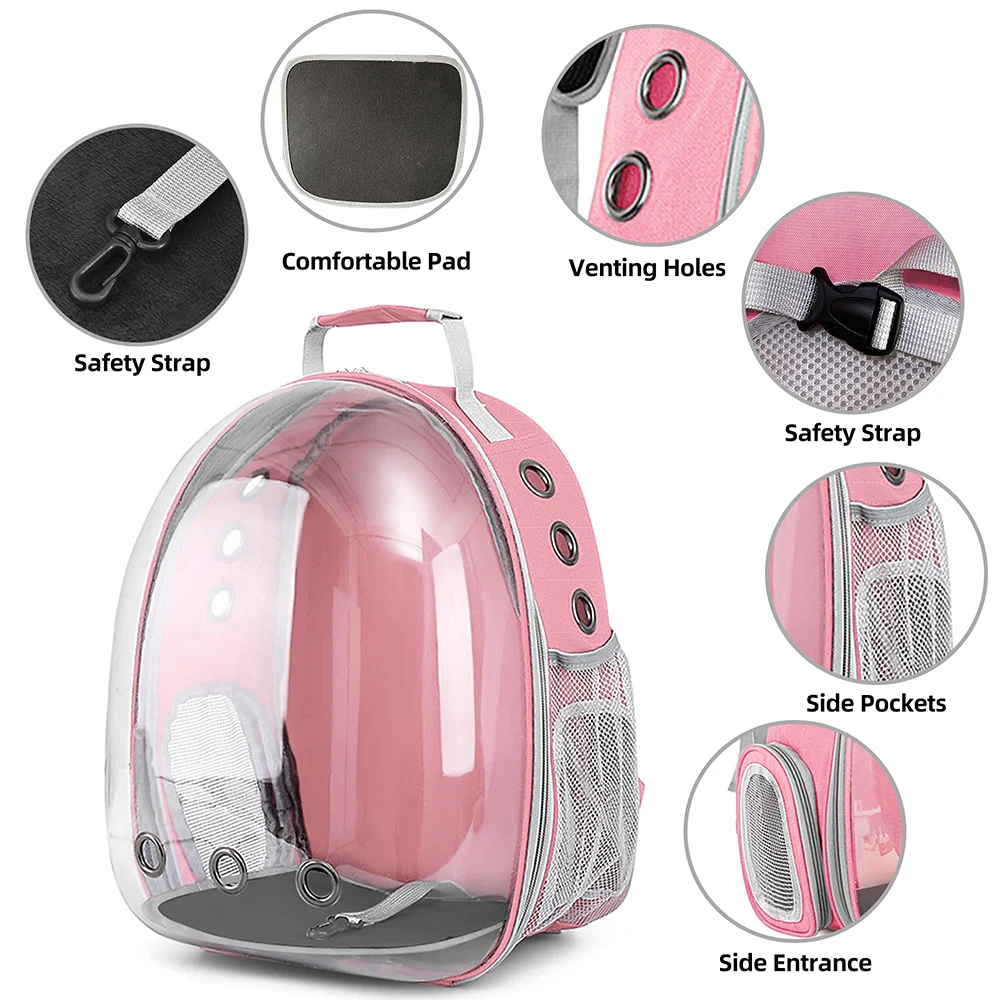 A pink transparent pet carrier backpack with ventilation holes, side pockets, and a safety strap.
