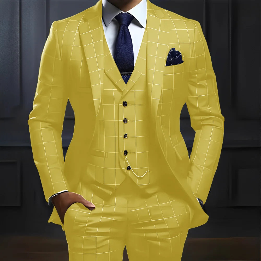 Showlu men's 3-piece plaid suit with slim fit, formal wedding tuxedo, featuring a plaid jacket, matching trousers, and vest.