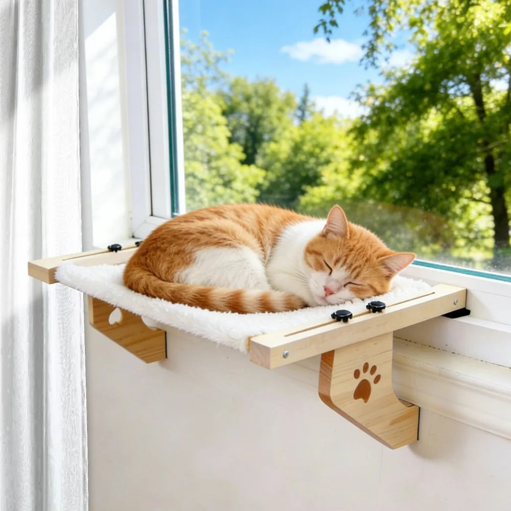 Showlu Wooden Frame Cat Window Hammock with paw print design, a durable hanging bed for cats to rest comfortably by the window.