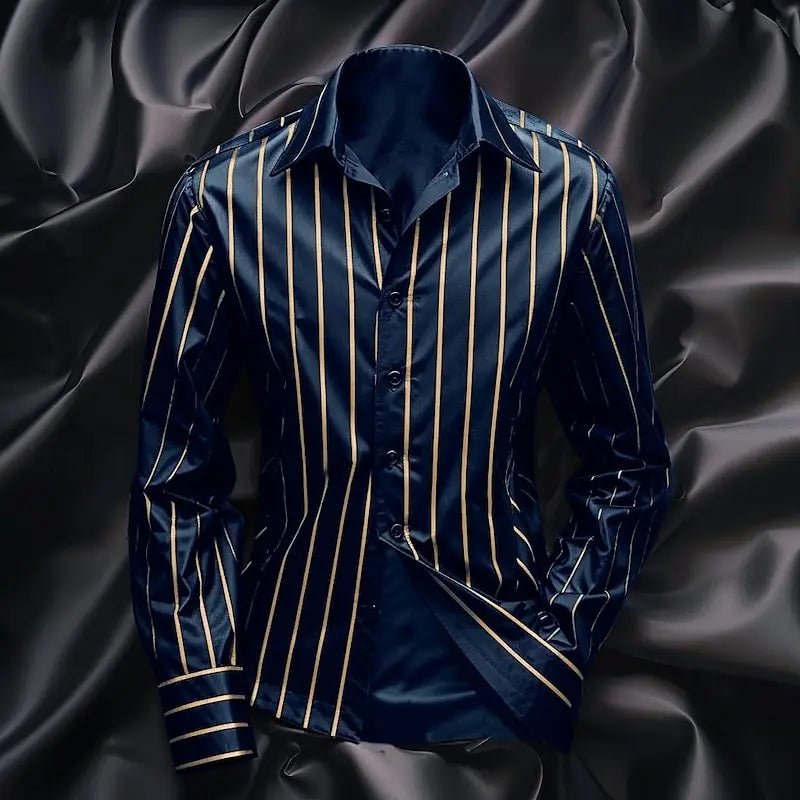 Men's striped casual long sleeve shirt with lapel collar, soft comfortable fabric, stylish plus size fashion by Showlu.