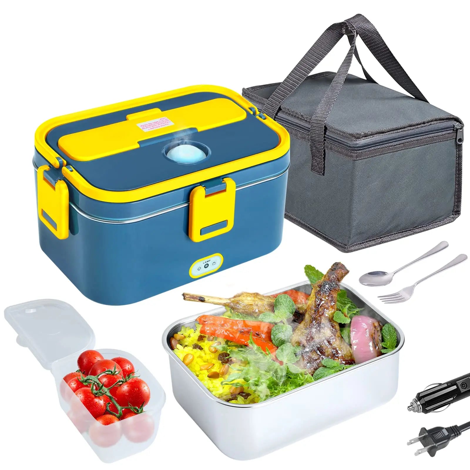SHOWLU 1.8L stainless steel electric lunch box with lid, designed for food warming, compatible with 12V, 24V, and 110V power sources