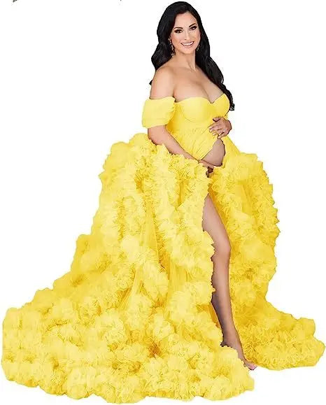 Deep V-neck lace maternity dress with tulle, long sleeves, feather accents, perfect for photo shoots, by Showlu Fashion Store.