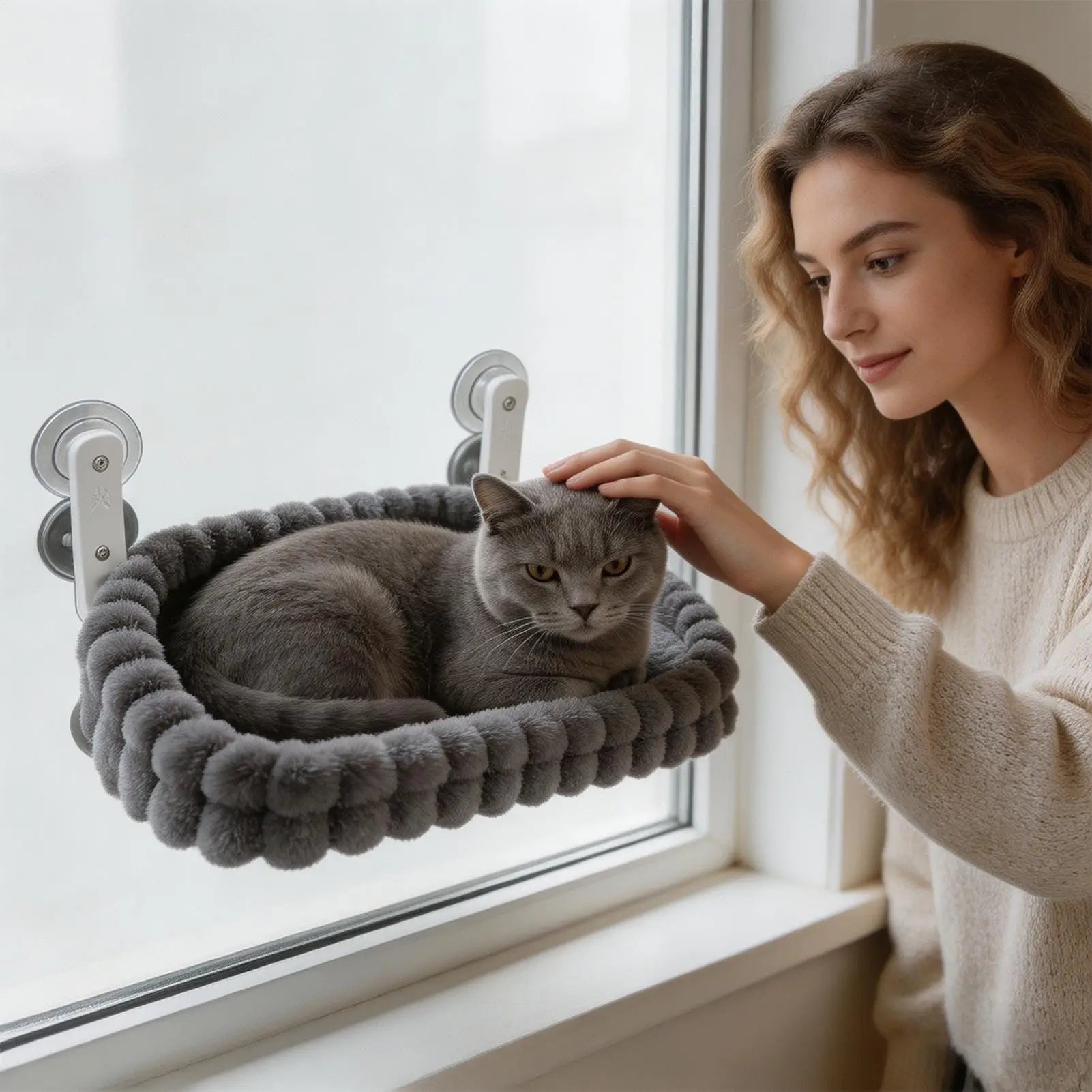 A grey cat rests in a plush, foldable window perch attached to glass with suction cups.