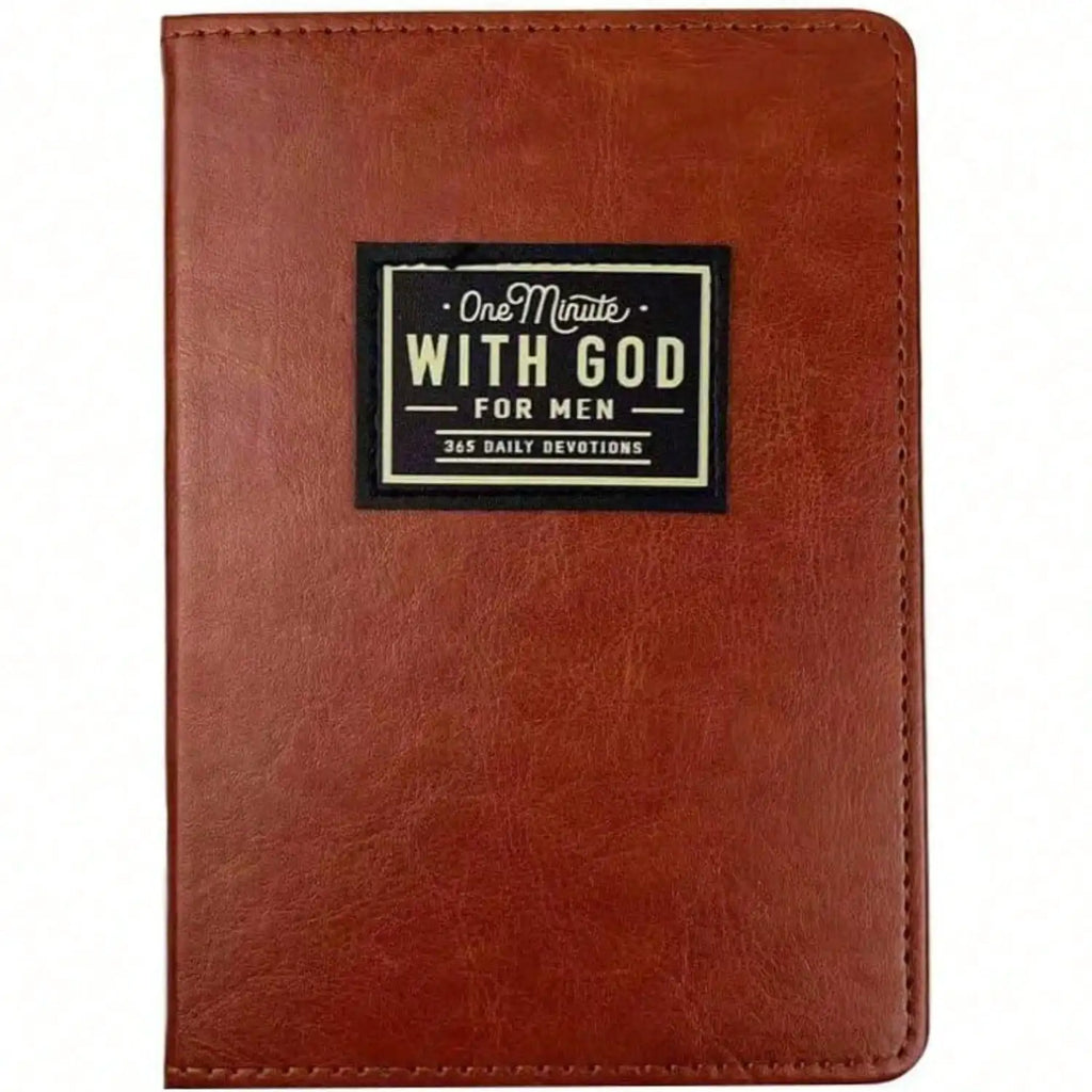 Brown 365-day prayer journal for men titled "One Minute With God," featuring daily prompts and reflections.