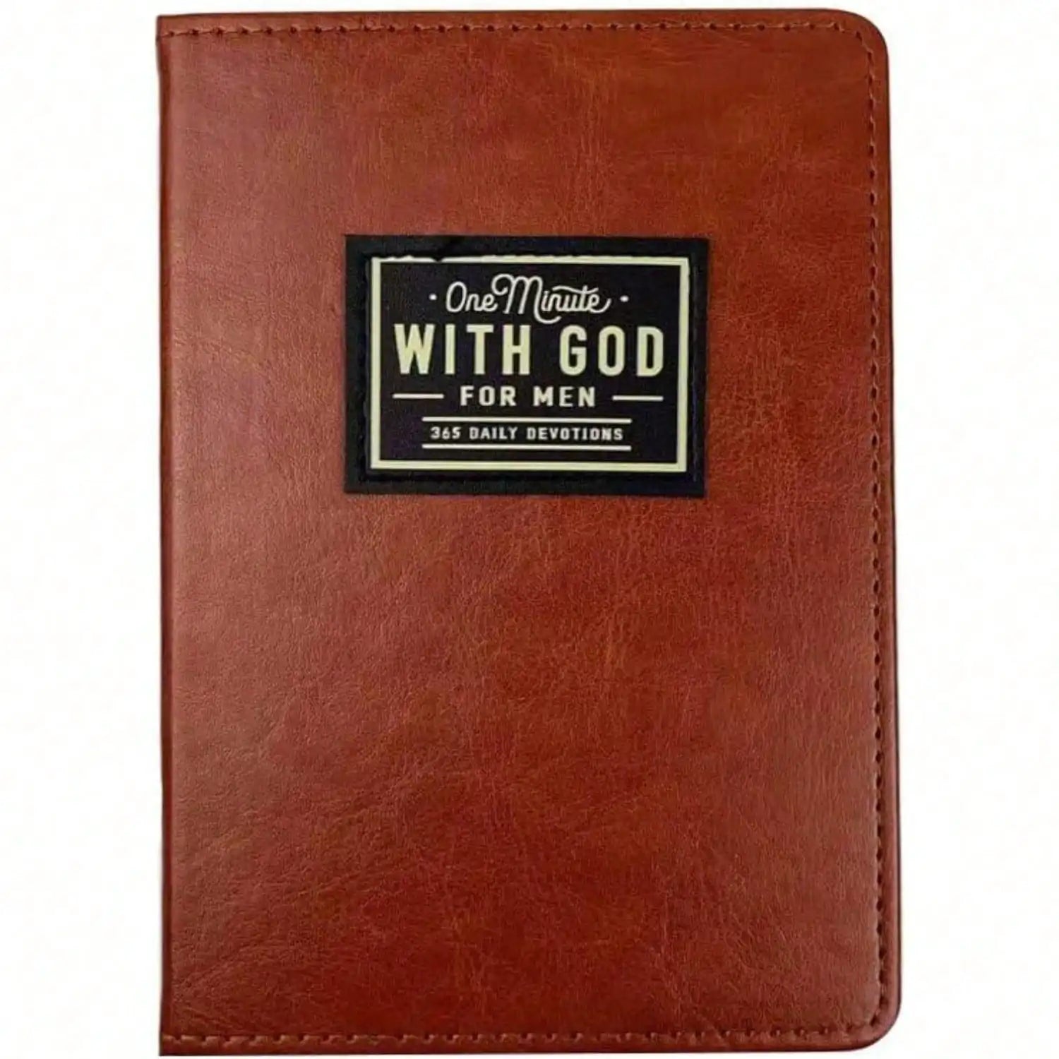 Brown 365-day prayer journal for men titled "One Minute With God," featuring daily prompts and reflections.