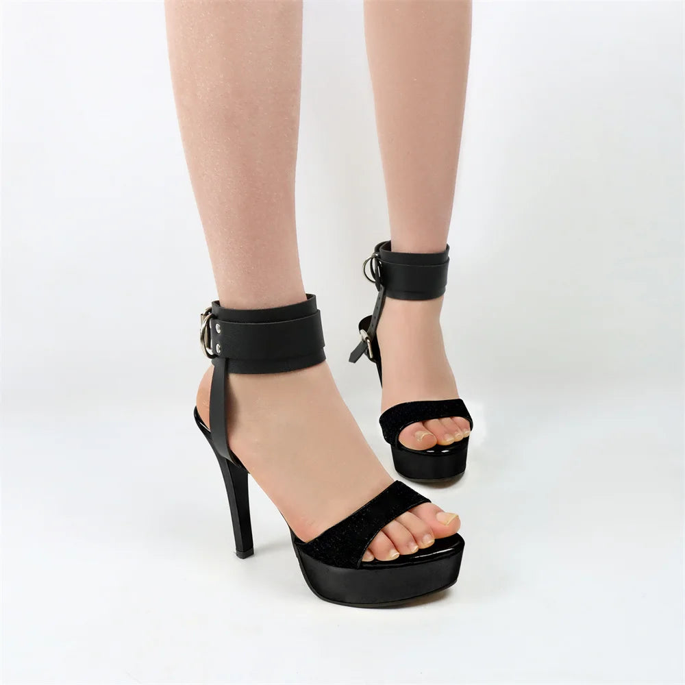 Black ankle safety belt with chain and buckle, Y2K punk style women's fashion accessory featuring a bold, edgy design.