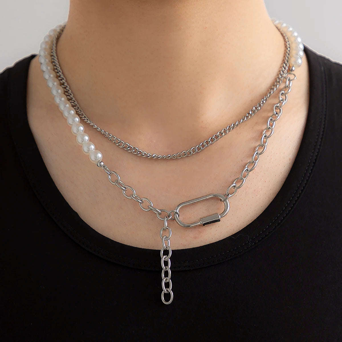 Baroque simulated pearl long tassel pendant necklace with beaded link chain, trendy lariat wedding jewelry for women