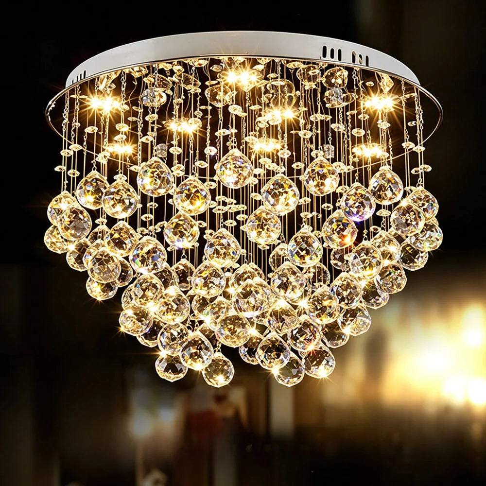 Luxury Water Drop Crystal Ceiling Lamp Modern Round Flush Mount LED Chandelier For Villa Closet Dining Room Home Lighting