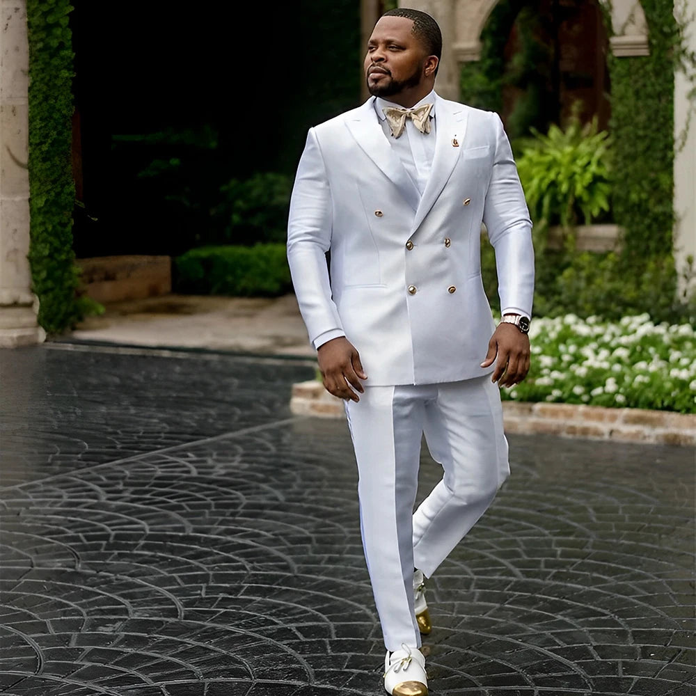 Showlu men's white satin tuxedo with double-breasted jacket and matching pants, elegant wedding suit for formal occasions