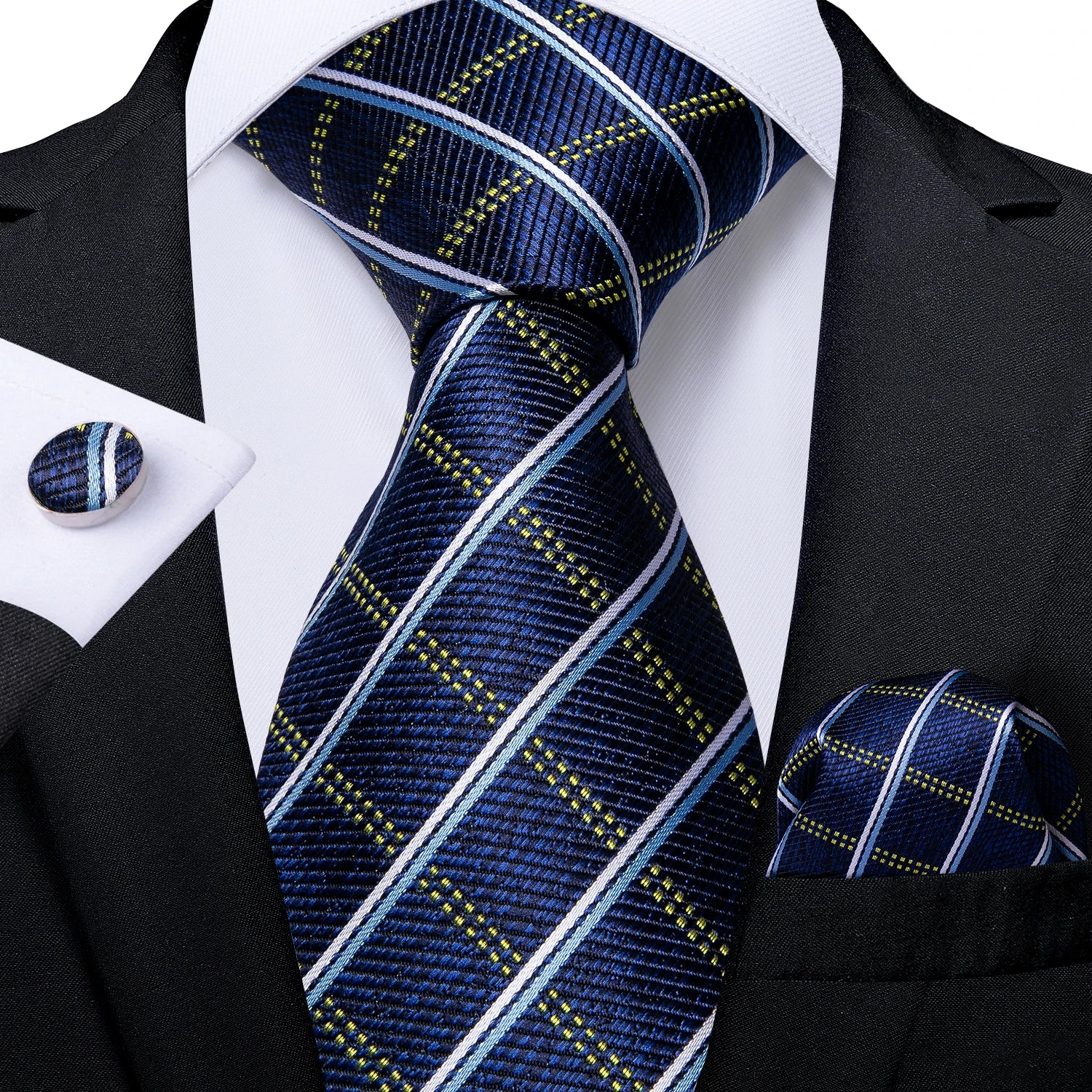 New Classic 100% Silk Men's Ties 8cm Blue Plaid Dot Striped Business Necktie Handkerchief Wedding Party Tie Set Gravatas DiBanGu
