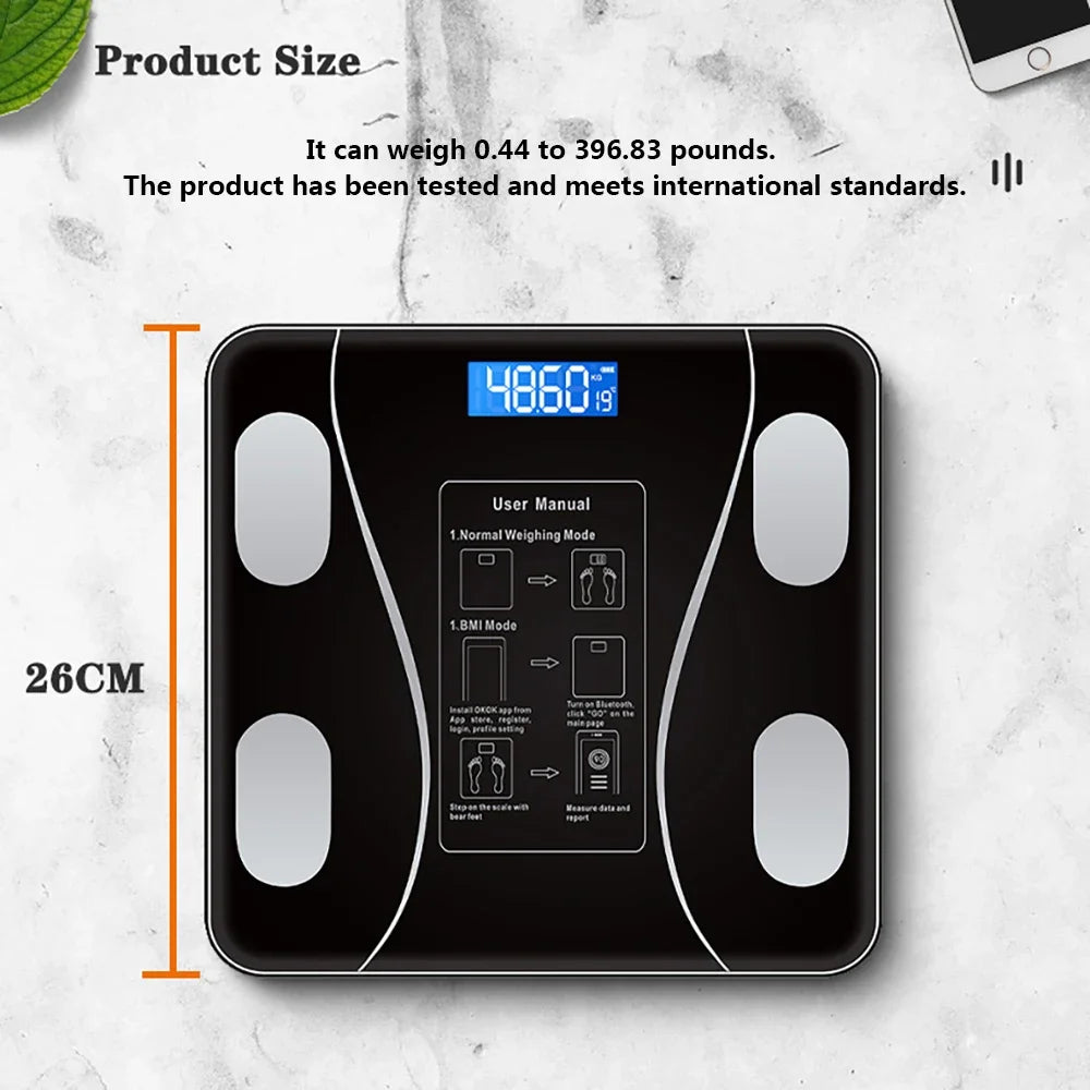 Showlu Smart digital body weight scale with glass surface displaying weight up to 200kg in a bathroom setting.