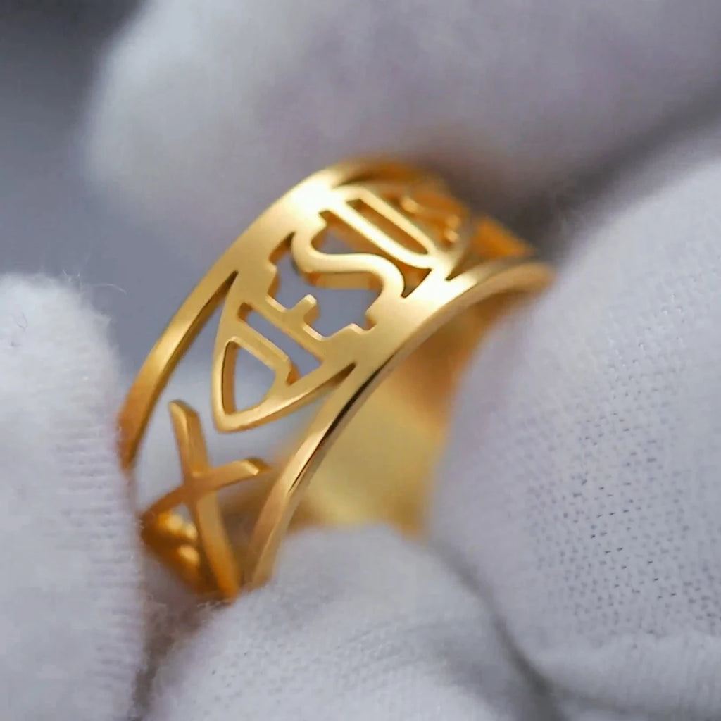 Stainless steel My Shape Jesus Fish ring featuring Christian religious symbol, showcasing detailed fish design and polished finish.