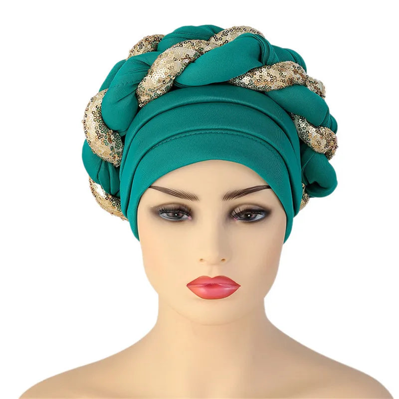 Sequins Braid Turban Cap for women African autogele Headtie
