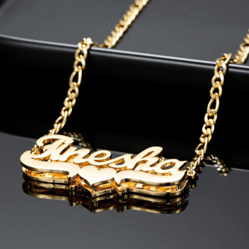 Showlu custom double name plate necklace with 3D stainless steel design, featuring two personalized name pendants on a chain.