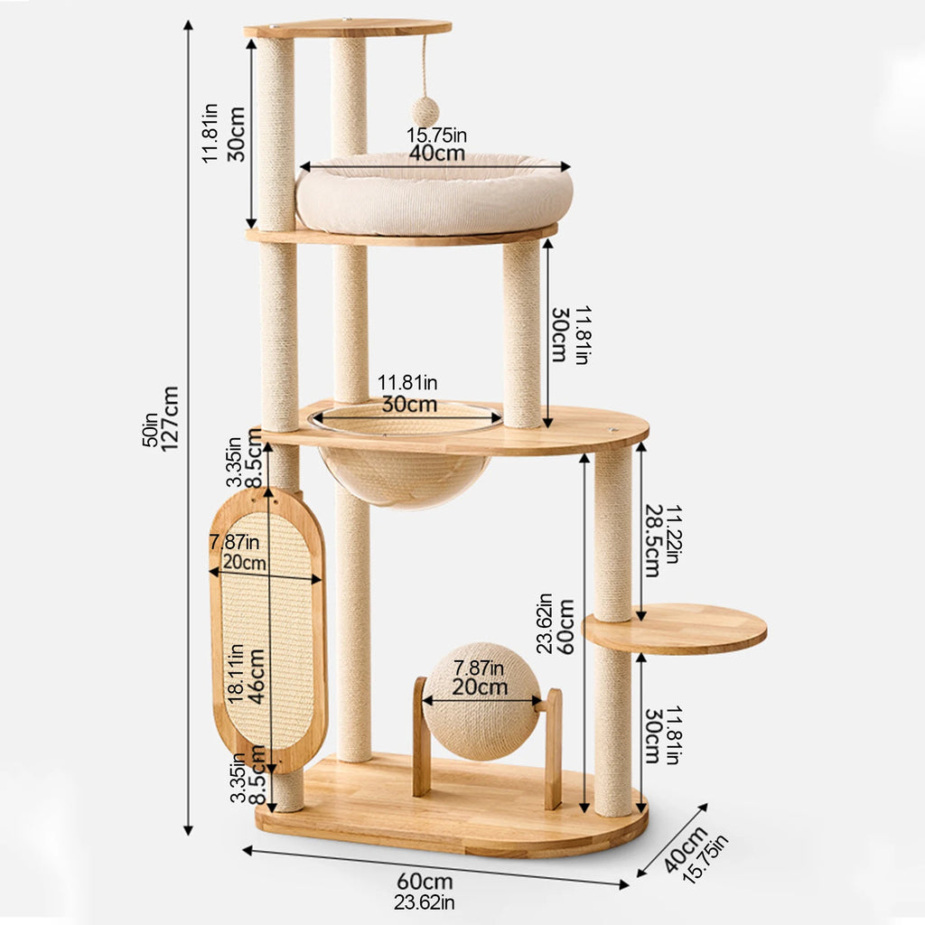 Solid rubber wood cat tree tower with four tiers and scratching posts, designed for cats to climb, scratch, and lounge comfortably.