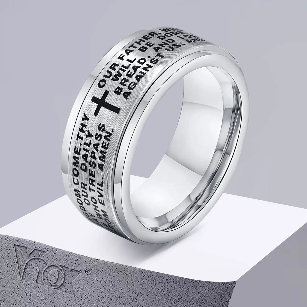 Stainless steel Vnox 8mm spinner cross ring for men with Bible prayer design, featuring a sleek, polished finish.