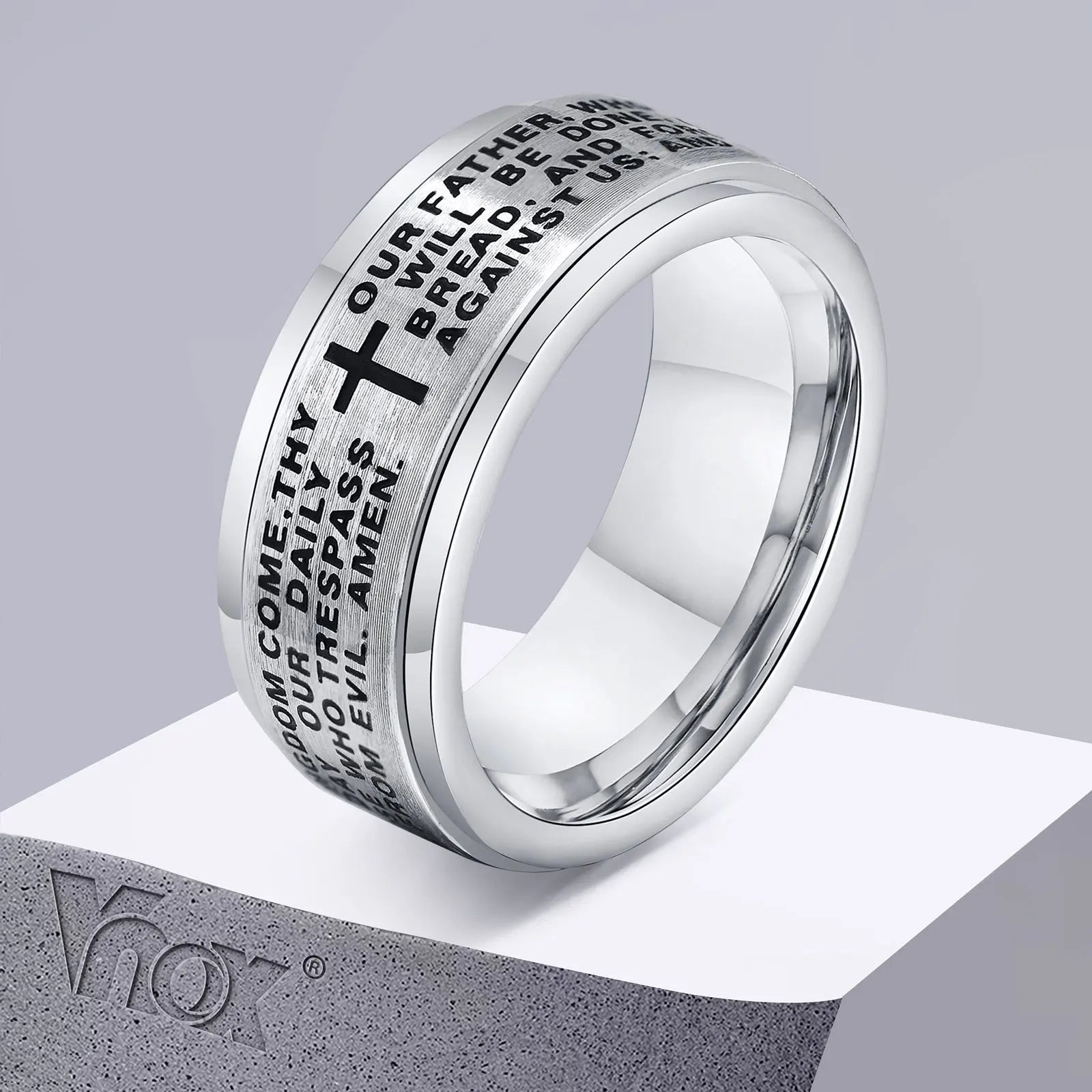 Stainless steel Vnox 8mm spinner cross ring for men with Bible prayer design, featuring a sleek, polished finish.