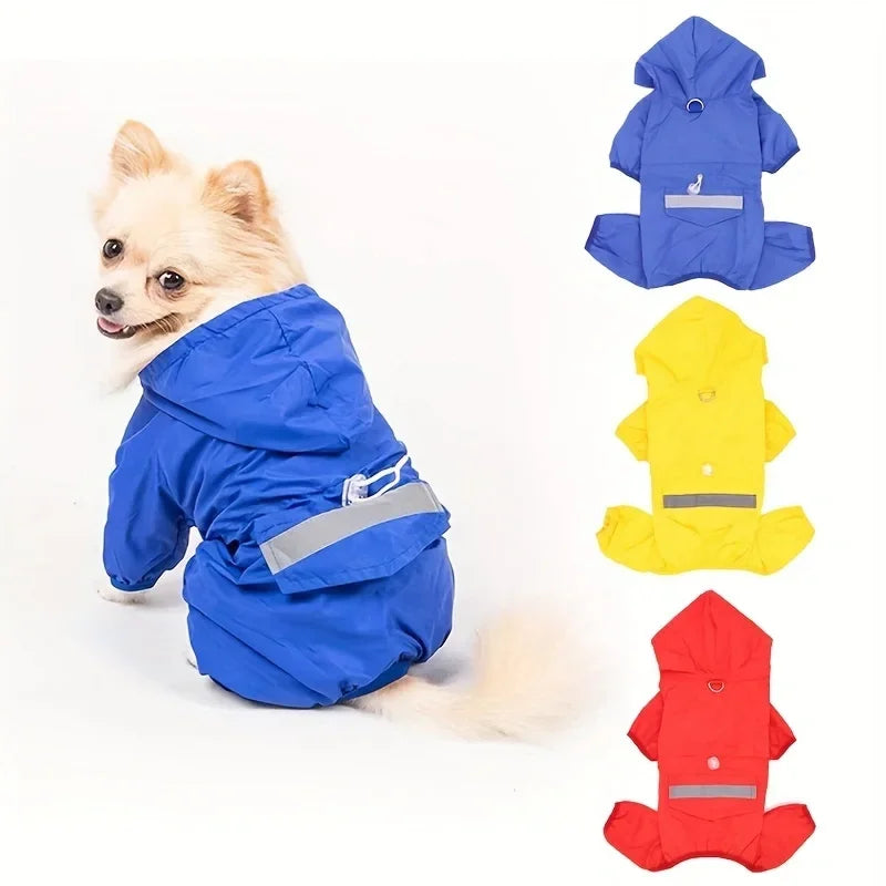 Showlu Fashion dog raincoat with hood and D-ring, waterproof pet jacket designed for outdoor protection and comfort.
