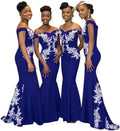 Burgundy off-the-shoulder mermaid satin bridesmaid dress by JC&STAR, featuring a fitted silhouette and elegant design.