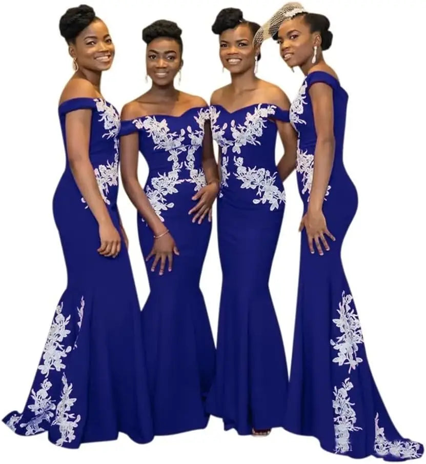Burgundy off-the-shoulder mermaid satin bridesmaid dress by JC&STAR, featuring a fitted silhouette and elegant design.