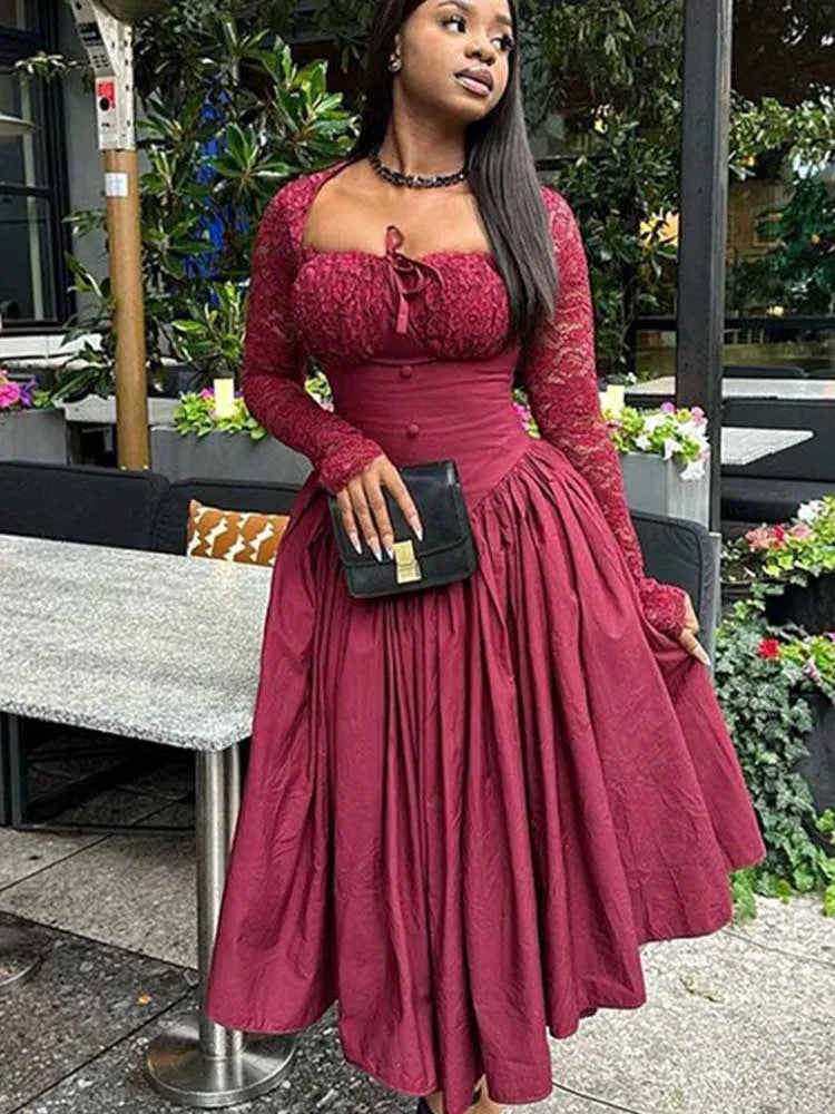 Female Long French Dress Hollow Out Lace Long Sleeve High Waist Busty Dress Style Women Spring Square Collar Vintage Dress