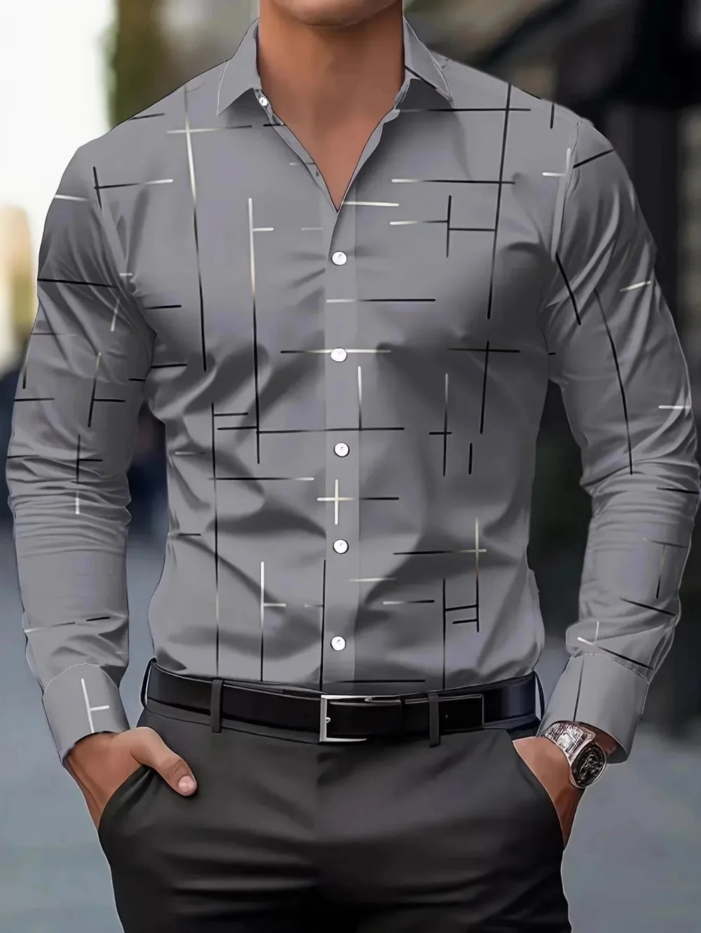 European and American style men's long-sleeved spring shirt with minimalist line design, ideal for business casual wear.