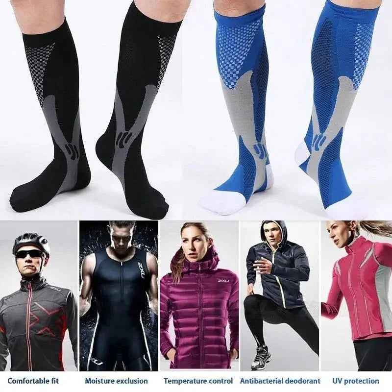 Showlu men's compression golf socks, knee-high nylon stockings with supportive fit and breathable fabric for active wear.