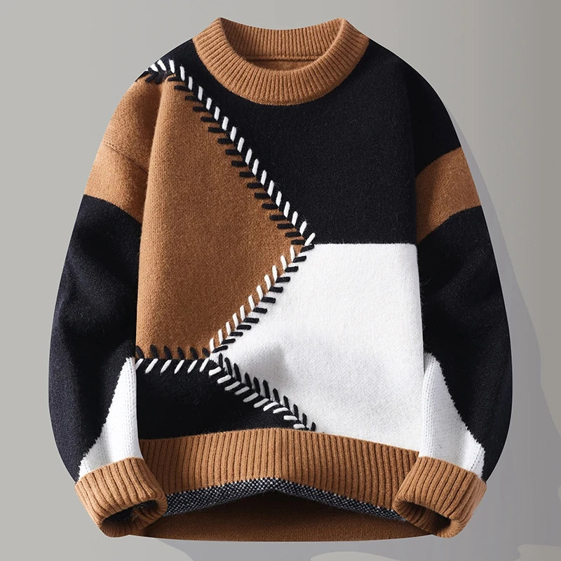 Men's autumn winter knitted pullover sweater with patchwork design, O-neck style, warm and casual, by Showlu Fashion Store.
