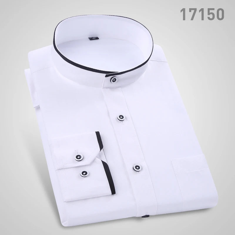 Men's white slim fit stand-up collar shirt with long sleeves and vertical collar, classic round neck style by Showlu Fashion.