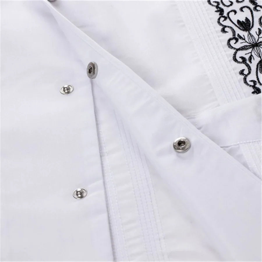 Men's white Guayabera shirt with embroidered Cuban style, from Showlu Fashion, featuring lightweight fabric and traditional design.