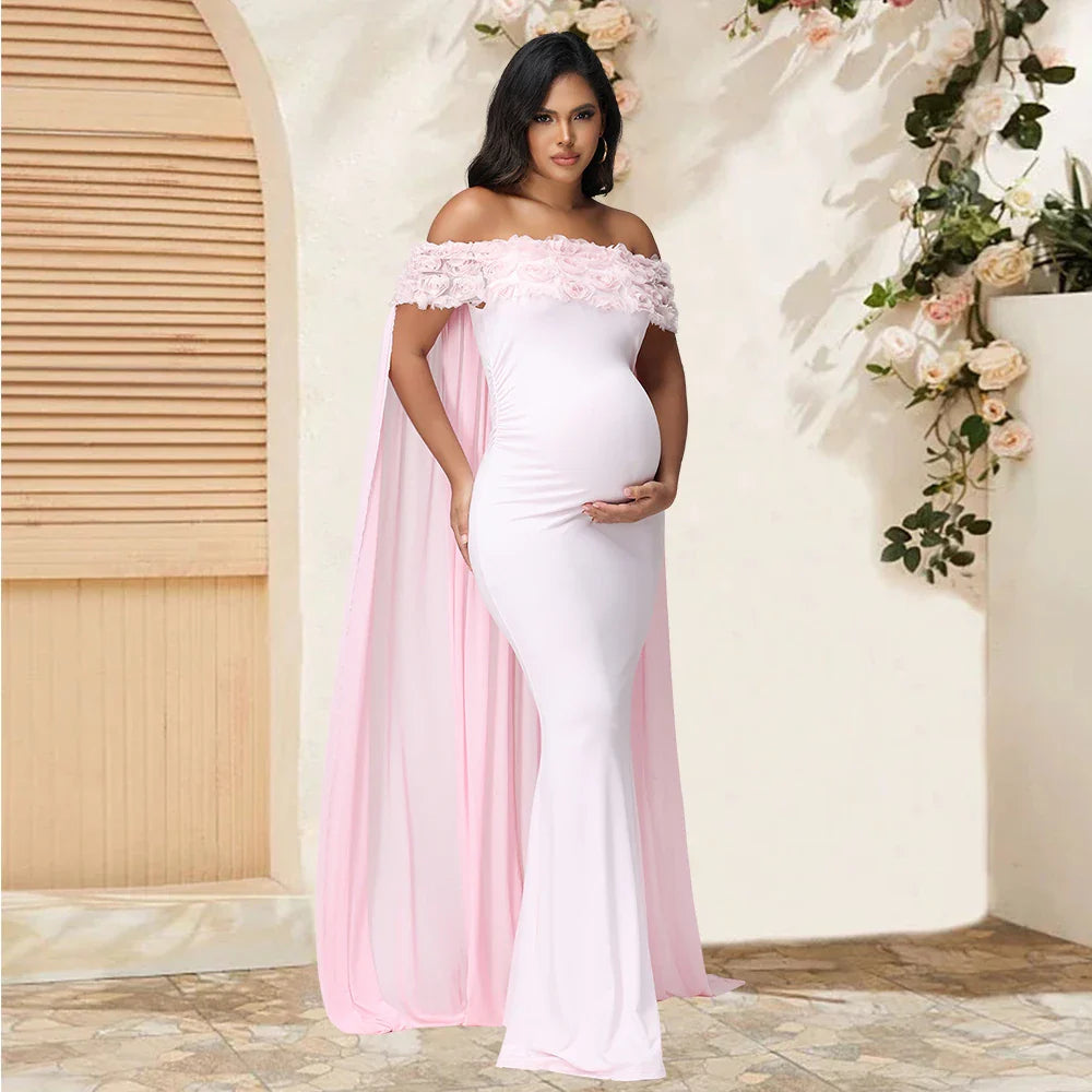 Floral off shoulder maternity gown with mesh cloak, maxi dress style perfect for photoshoots, by SHOWLU FASHION STORE.