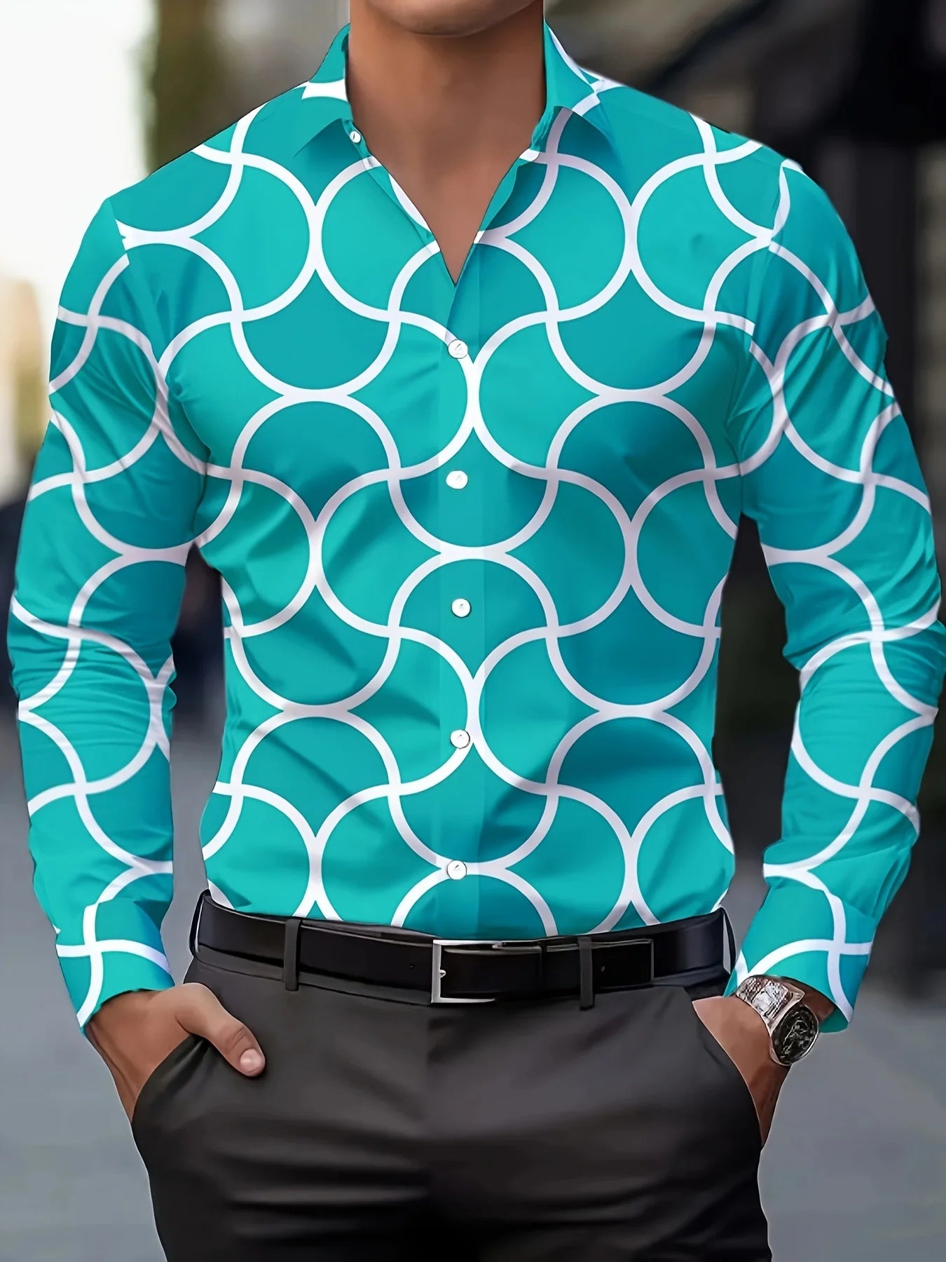 Men's casual long sleeve shirt by Showlu Fashion with breathable fabric, gradient design, turn-down collar, ideal for business or casual wear.