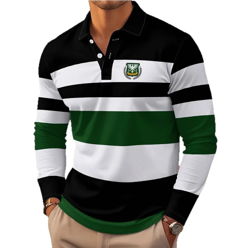 Men's long sleeve polo shirt by Showlu Fashion with classic stripe print, button collar, and comfortable fit for autumn casual wear.