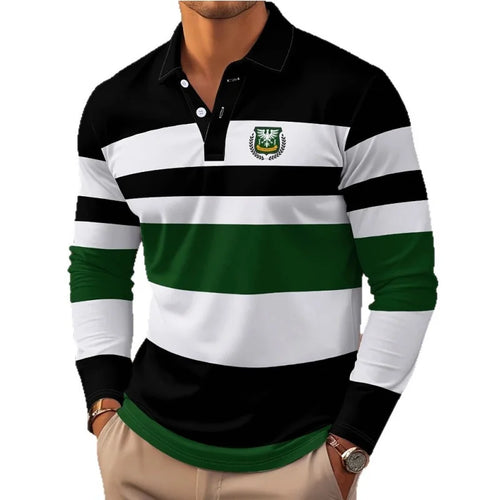Men's long sleeve polo shirt by Showlu Fashion with classic stripe print, button collar, and comfortable fit for autumn casual wear.